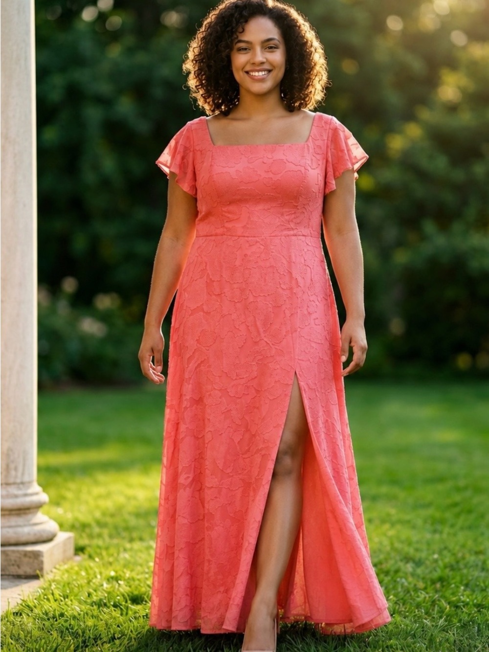 Coral Flutter-Sleeve Maxi Dress w Square Neck & Floral Burnout Pattern Fabric